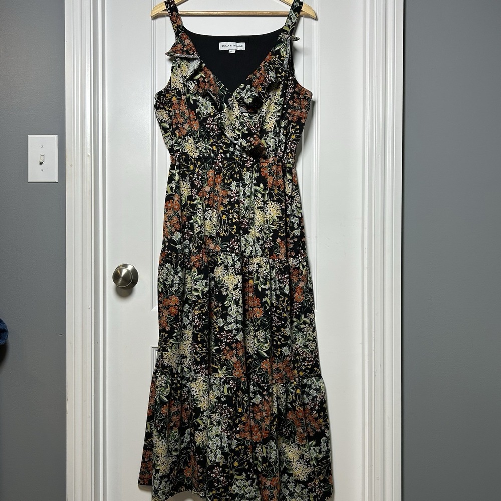 Emma & Michele Black Botanical Floral Ruffle‎ Tiered Flowy Maxi Dress Boho Style